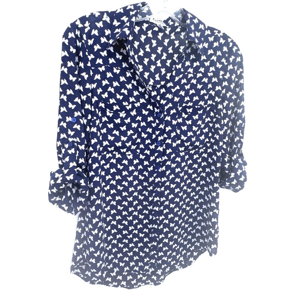 Express Portofino Butterfly Print Women's Shirt Size S Navy Blue Roll Tab Sleeve - Picture 6 of 8